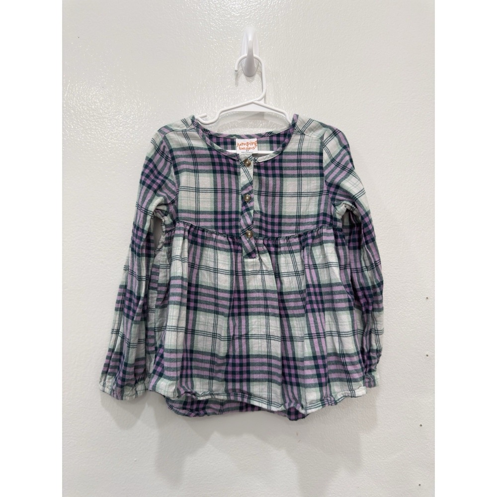 Jumping Beans Girls Plaid Top Size 5T Pink Purple Teal Long Sleeve Button Front